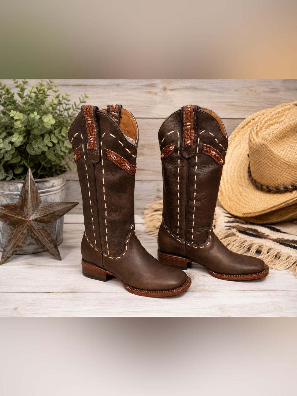 Tanner Mark Brown Leather Western Boots with Braided Accents. Leather